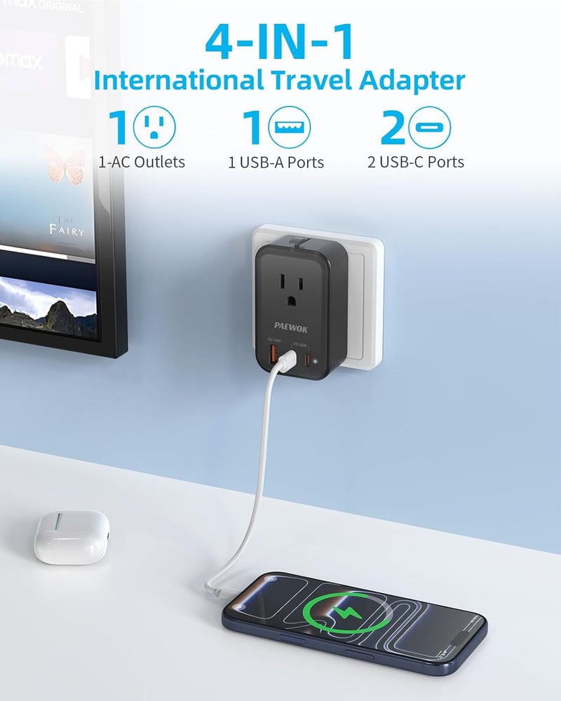 PAEWOK محول سفر USB C، محول سفر أوروبي مع 1 مخرج AC وشحن سريع USB (PD 20W)، محول عالمي قابل للطي من نوع C/G/A/I، أسود - Image 4